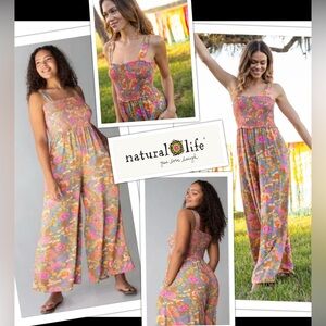 NATURAL LIFE Floral Smocked Wide-Leg Jumpsuit in Pink, Orange, Green